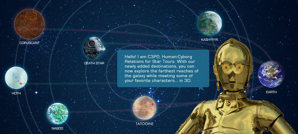 May the Force be with you as you board this intergalactic simulator for a turbulent space trip. Star Tours