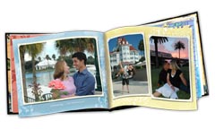 A photo book stores pictures from a couple's vacation.