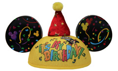 Mouse ears with confetti on the ears and the words It's My Birthday on a yellow background.