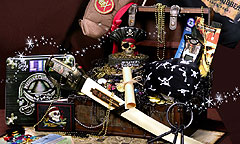 A treasure chest full of goodies opens with a pirate flag in the middle.